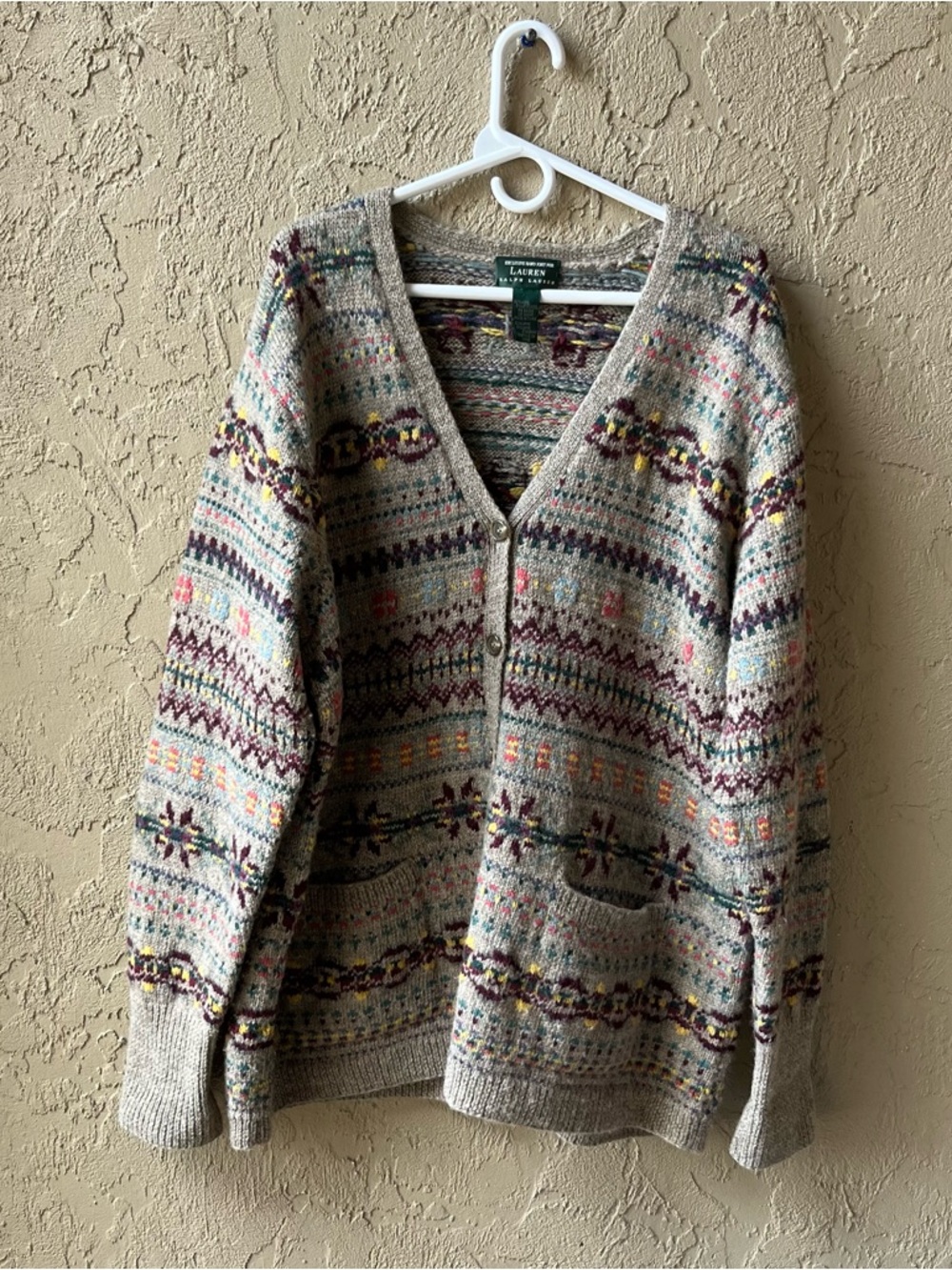 Lauren Ralph Lauren Neutral Fair Isle Cardigan with Multicolor Accents